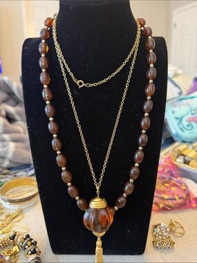 Avon Gold-Tone Chain Necklace with Brown Bead Pendant and Tassel